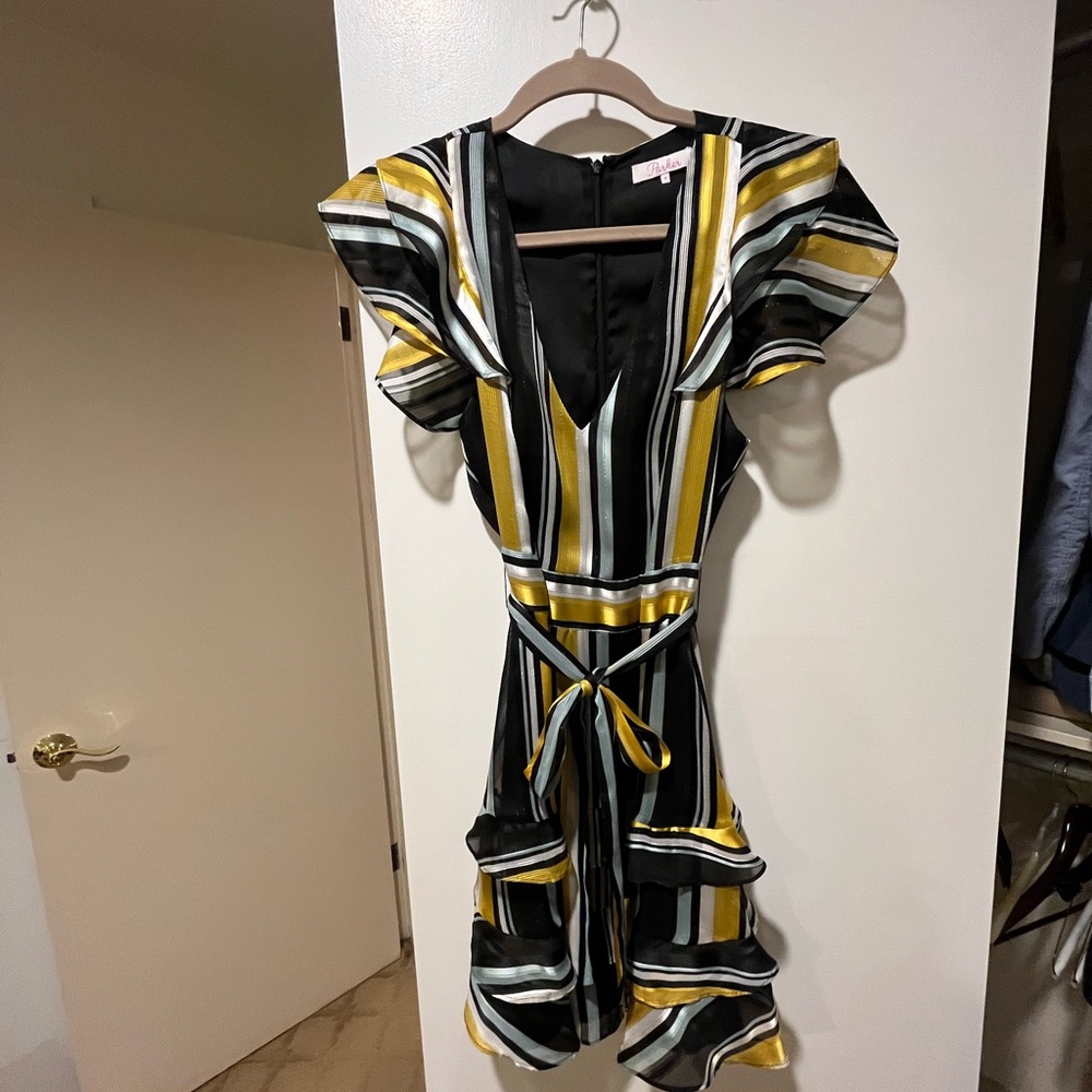 Parker Black and White Wrap Midi Dress with V-Neck